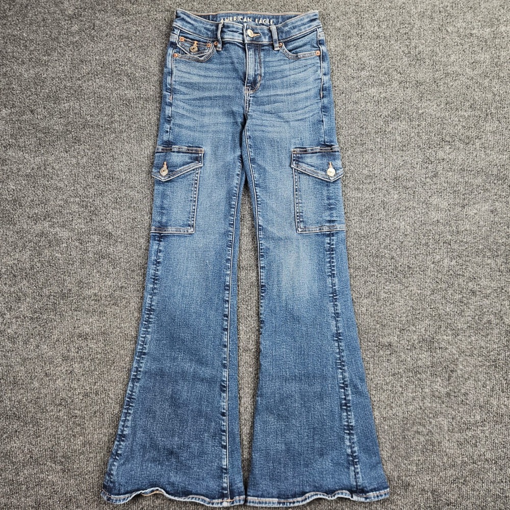 American Eagle Low Rise Flare Cargo Jeans Women's 000 Stretch Denim Dark‎ Wash